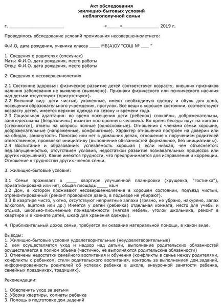 АКТ обследования жилищно-бытовых условий обучающегося