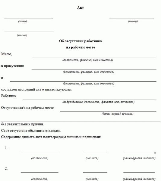 Акт о прогуле сотрудника. Форма заполнения