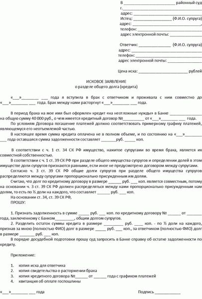 Образец искового заявления о разделе лицевого счета