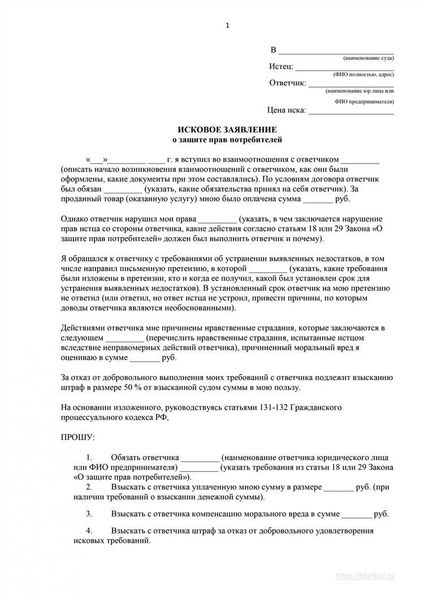 Исковое заявление о защите прав потребителя против интернет-магазина