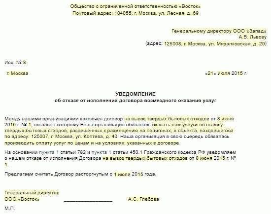 Пример письма в риэлторскую организацию о расторжении договора