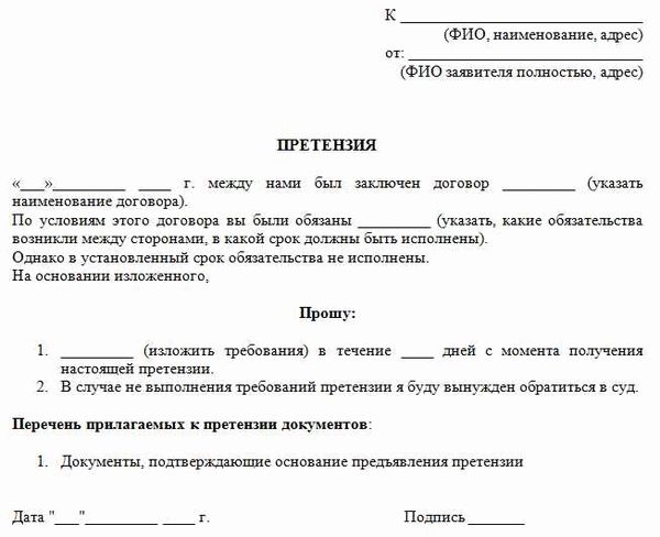 Правовое основание для предъявления претензии