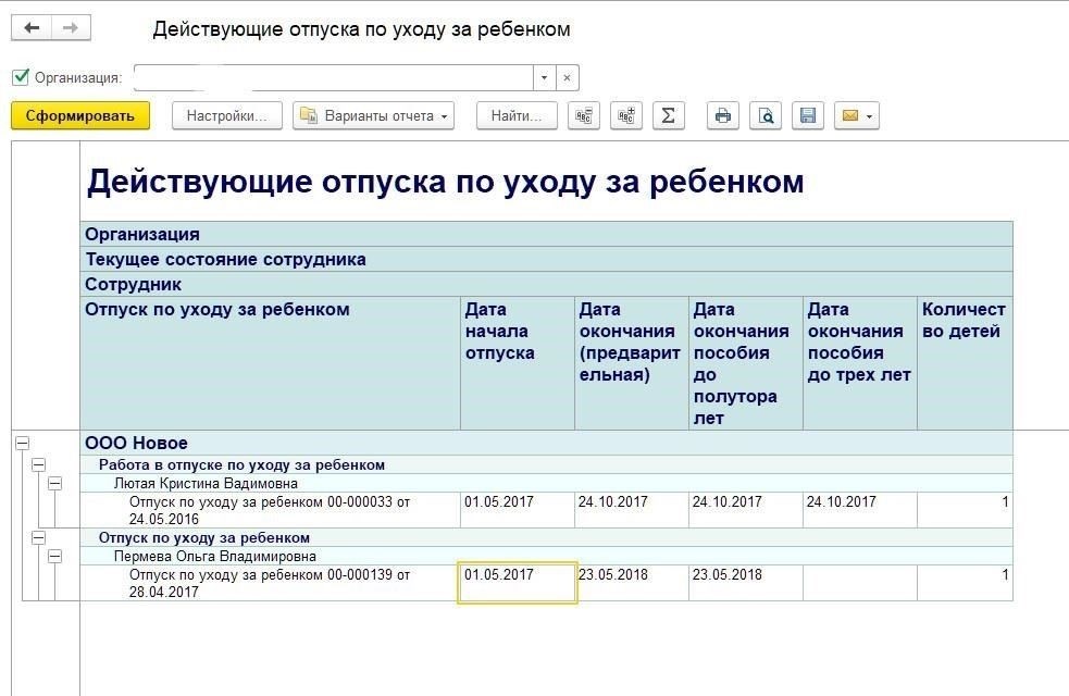 Структурирование отчета об отпуске по уходу за ребенком