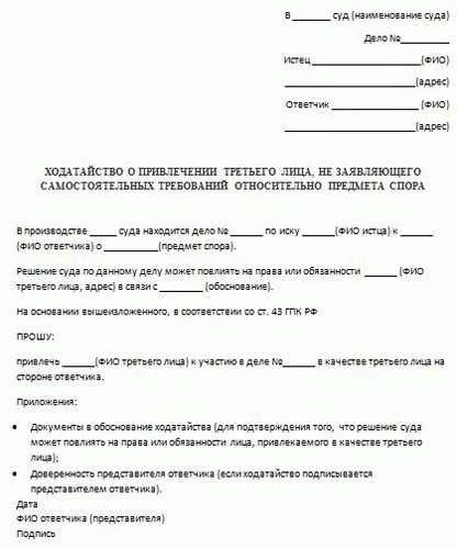 Пример заявления о признании третьим лицом с самостоятельными требованиями